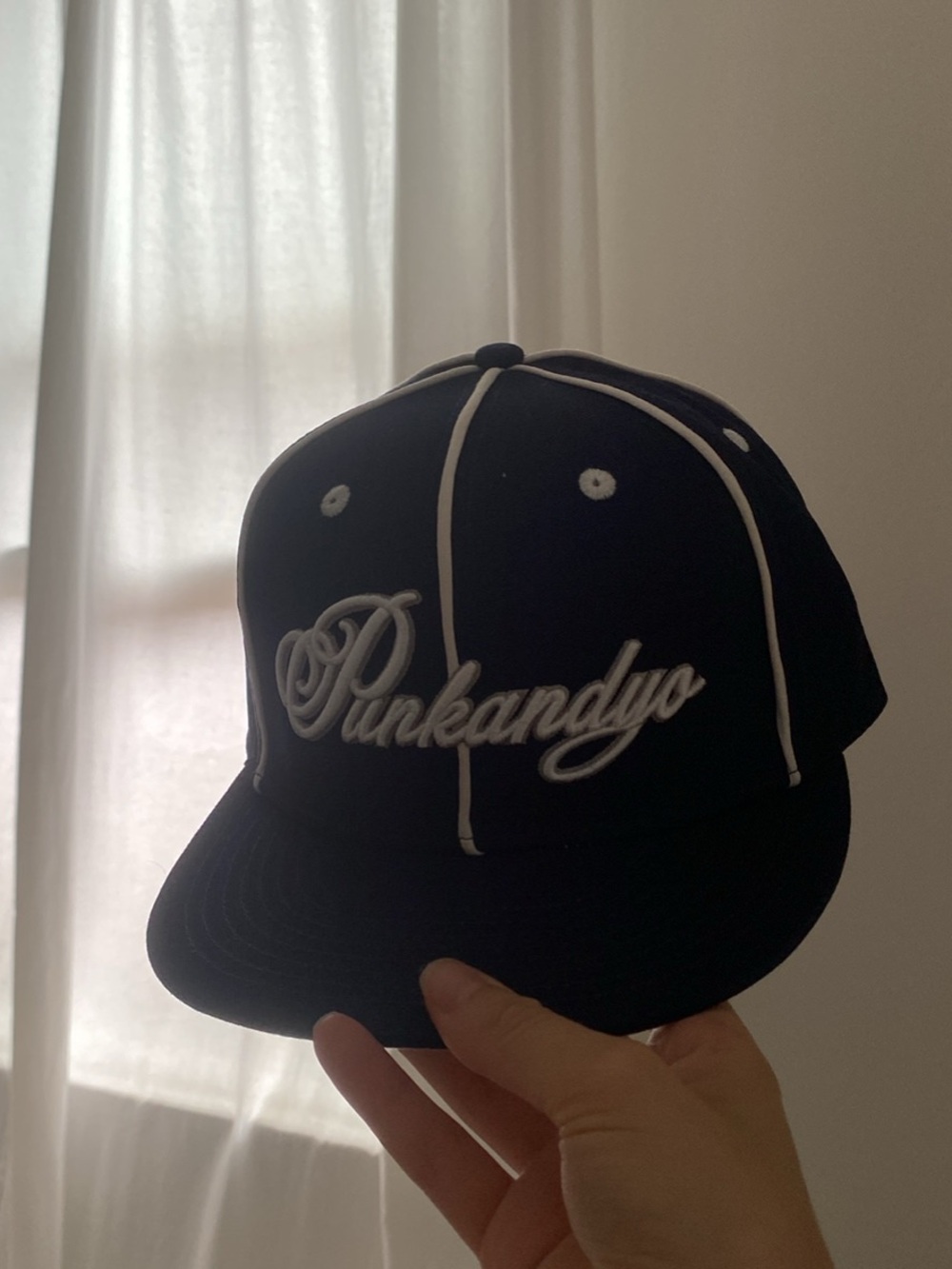 Black Snapback Baseball Cap with White Piping